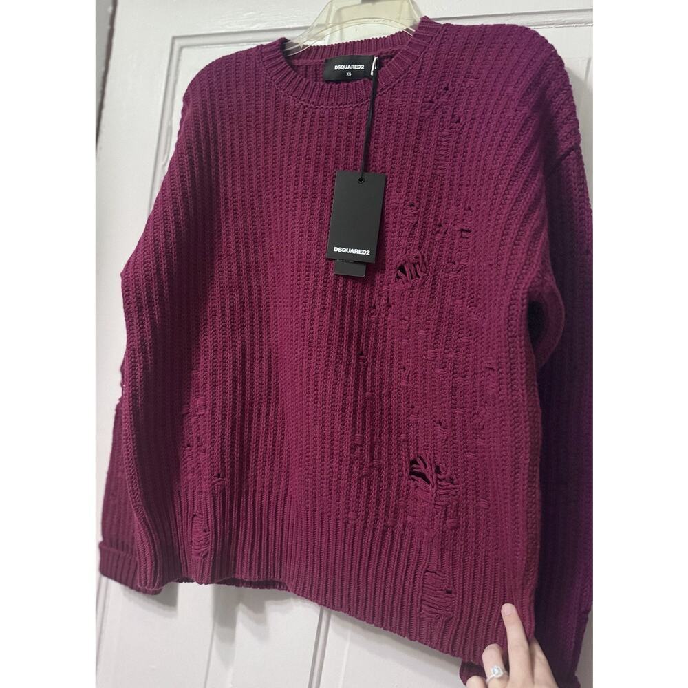 NWT Dsquared2 Ripped Distressed Magenta Wool Sweater Size XS (S-M) Runs BIG - Picture 3 of 13